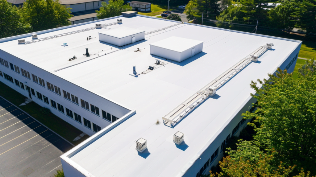 Flat roofing installation process on a modern structure.