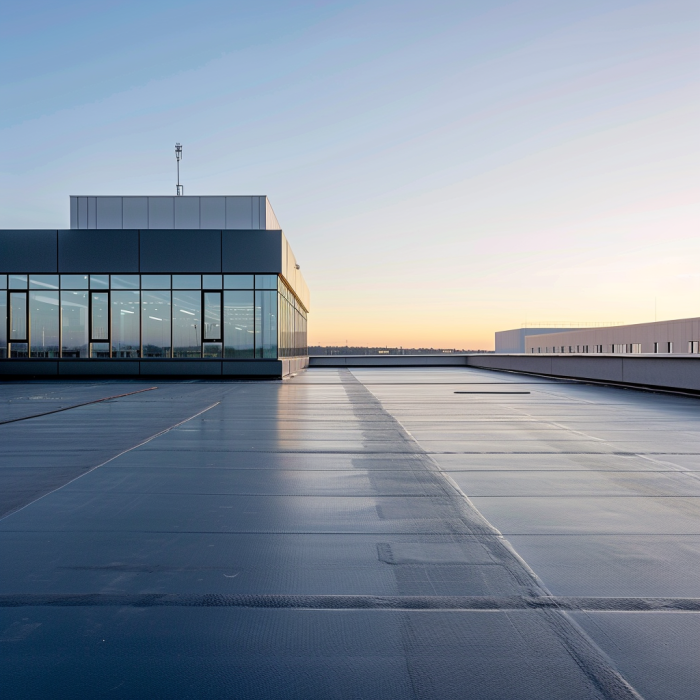 Flat roofing system being installed on a commercial building.