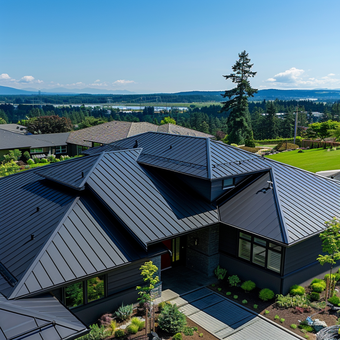 Professional team working on a metal roofing