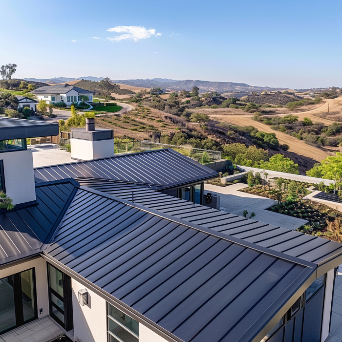 Professional team working on a metal roofing project.