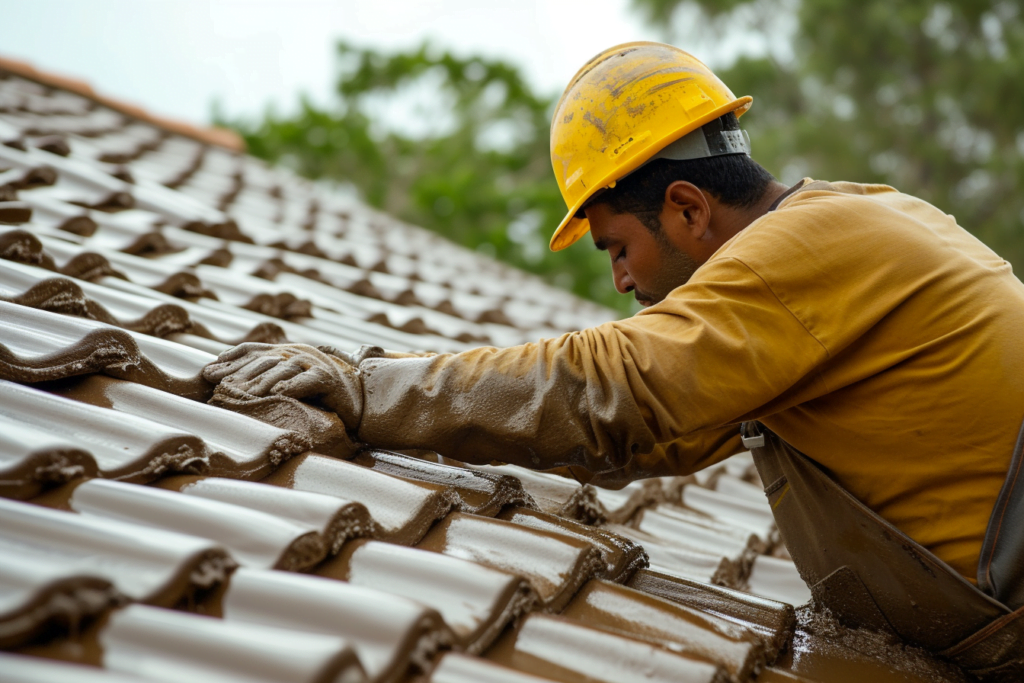 Close-up of metal roofing panels being installed.