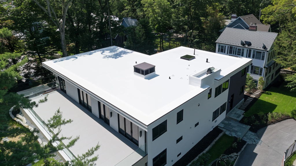 Roofing contractor working on an asphalt roof replacement.