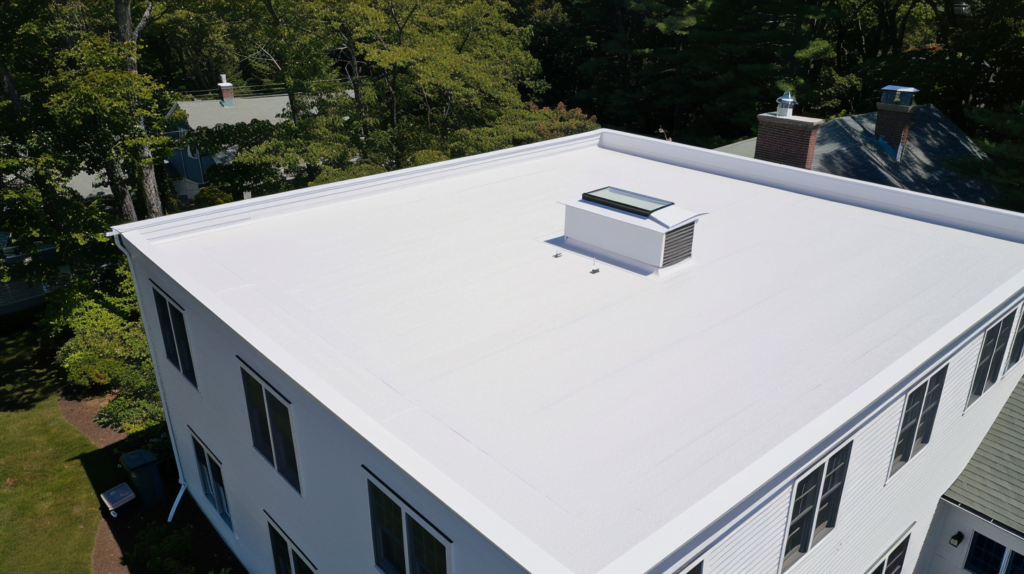 Asphalt roofing materials being installed on a commercial building.